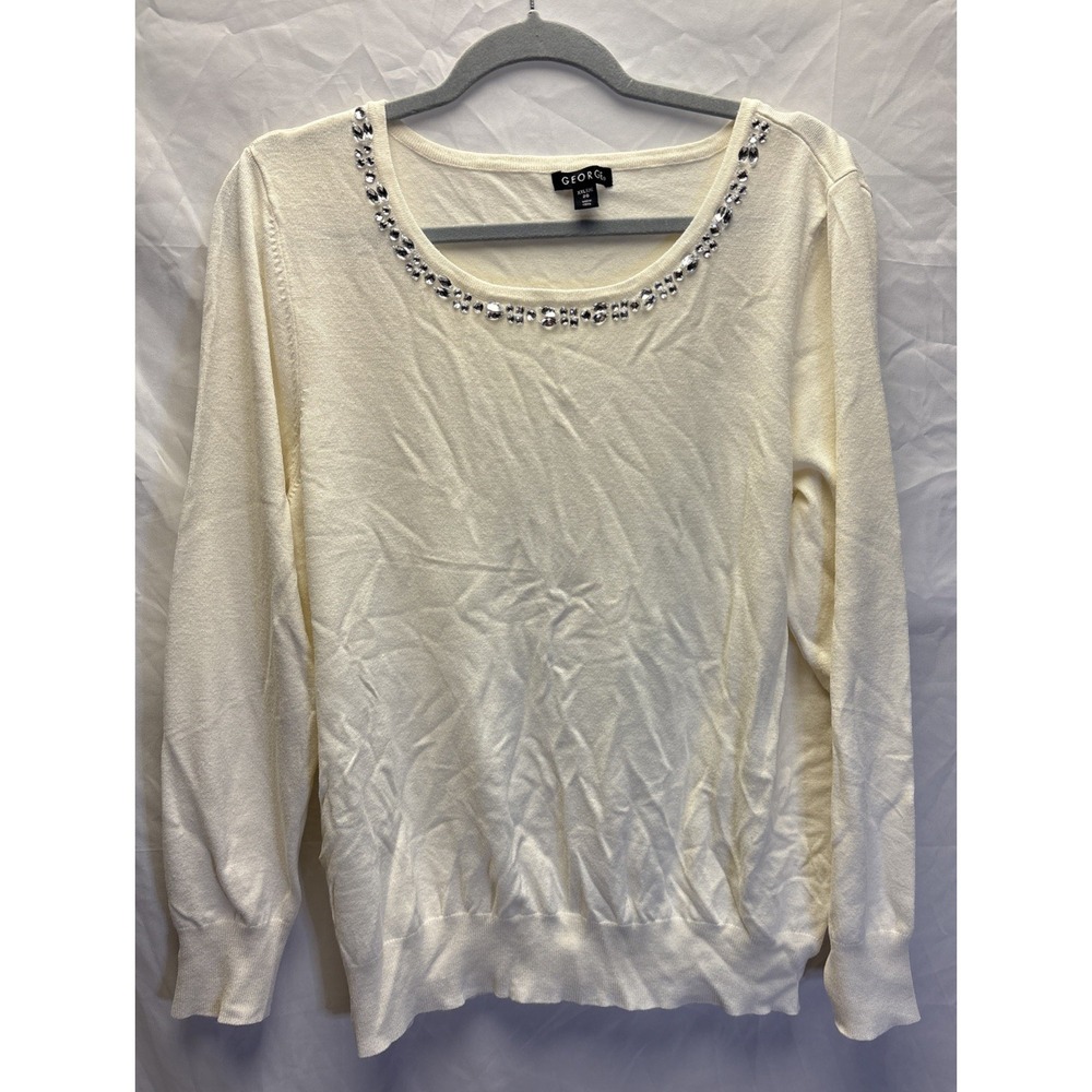 George 2X Ivory Rhinestone Jeweled Neck Sweater Long Sleeve Plus Size Womens